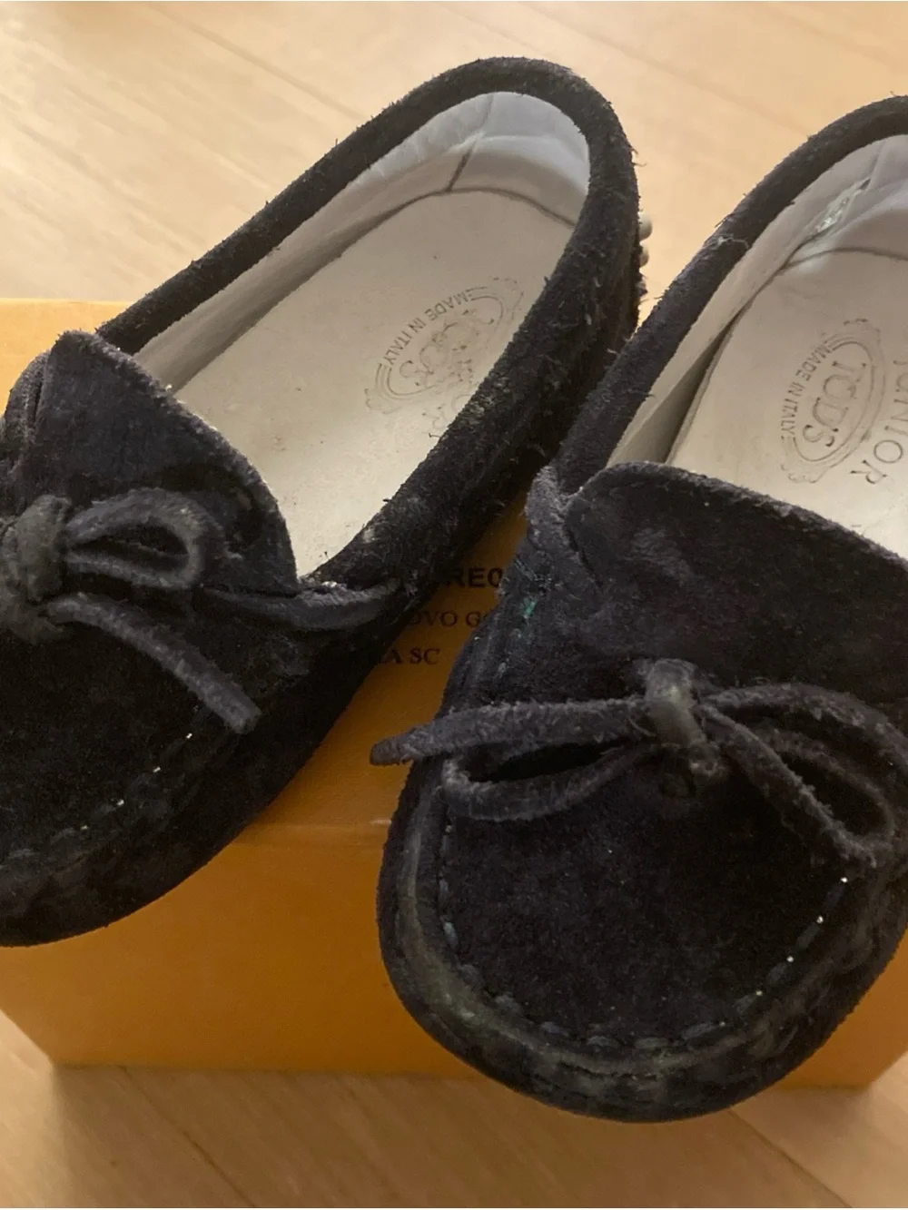 Tod's Kids Dark Navy Suede Moccasins with Bow
